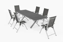 KETTLER BasicPlus Pro Garten-Essgruppe, silber/anthrazit, Alu/Textilene/Spraystone, 180/280 x 100 cm, 6 Klappstühle