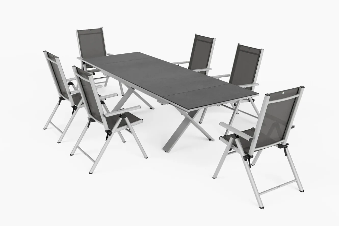 KETTLER BasicPlus Pro Garten-Essgruppe, silber/anthrazit, Alu/Textilene/Spraystone, 180/280 x 100 cm, 6 Klappstühle