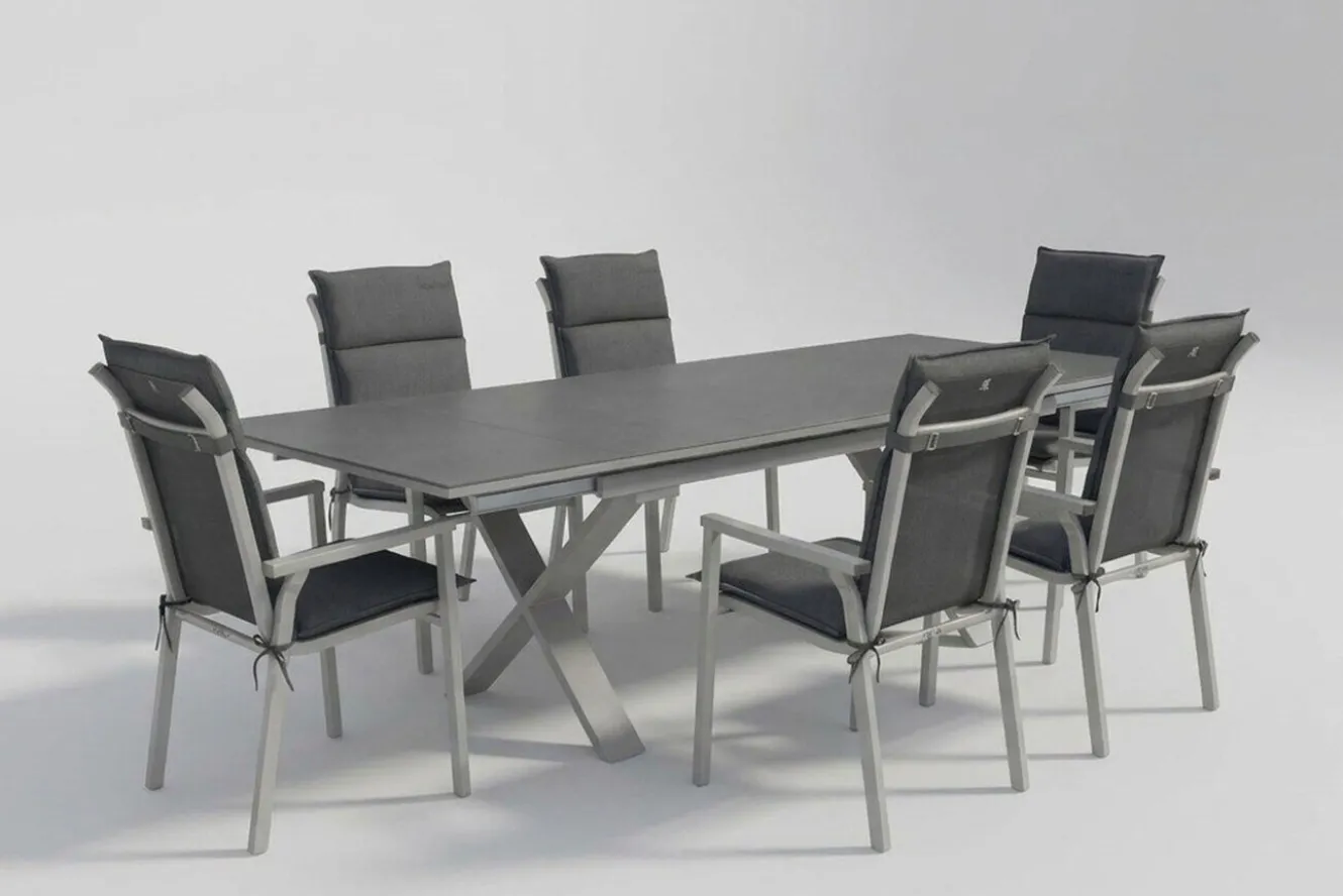 KETTLER BasicPlus Pro Garten-Essgruppe, silber/anthrazit, Alu/Polyester/Spraystone, 180/280 x 100 cm, 6 Stapelsessel, inkl. Auflagen