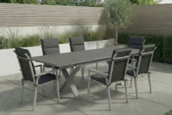 KETTLER BasicPlus Pro Garten-Essgruppe, silber/anthrazit, Alu/Polyester/Spraystone, 180/280 x 100 cm, 6 Stapelsessel, inkl. Auflagen