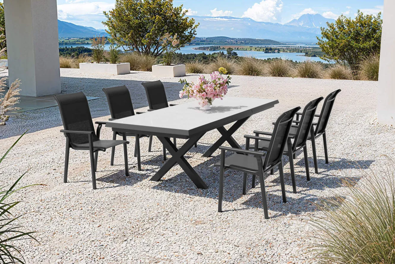 KETTLER BasicPlus Pro Garten-Essgruppe, anthrazit/schwarz, Alu/Textilene/Steinimitat, 200/260 x 100 cm, 6 Stapelstühle