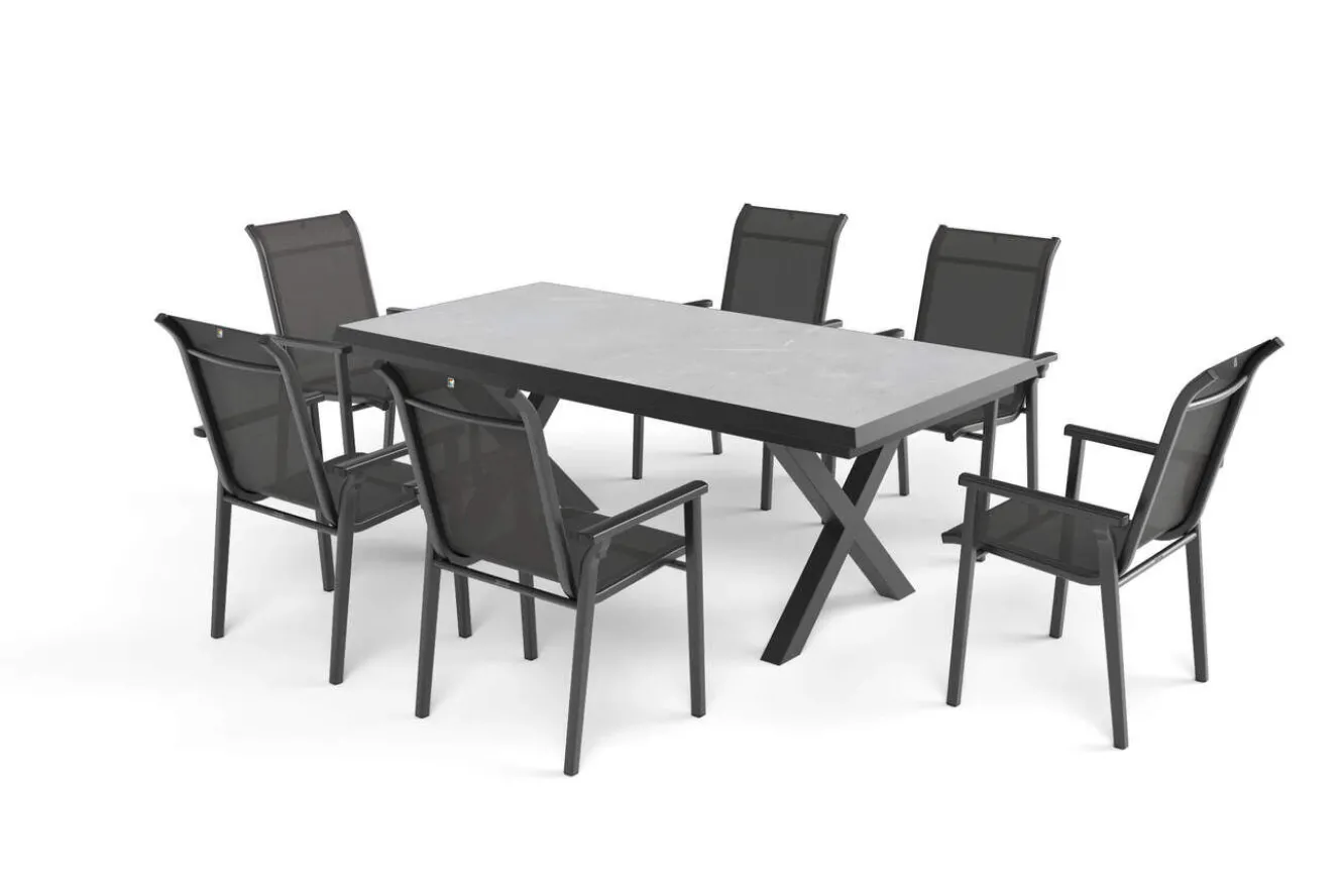 KETTLER BasicPlus Pro Garten-Essgruppe, anthrazit/schwarz, Alu/Textilene/Steinimitat, 200/260 x 100 cm, 6 Stapelstühle