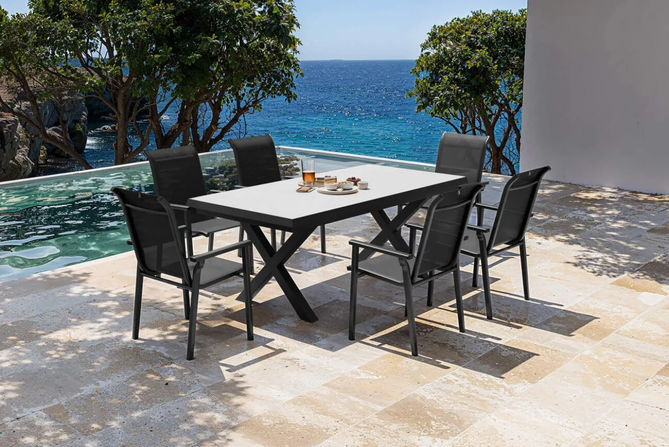 KETTLER BasicPlus Pro Garten-Essgruppe, anthrazit/schwarz, Alu/Textilene/Steinimitat, 200/260 x 100 cm, 6 Stapelstühle