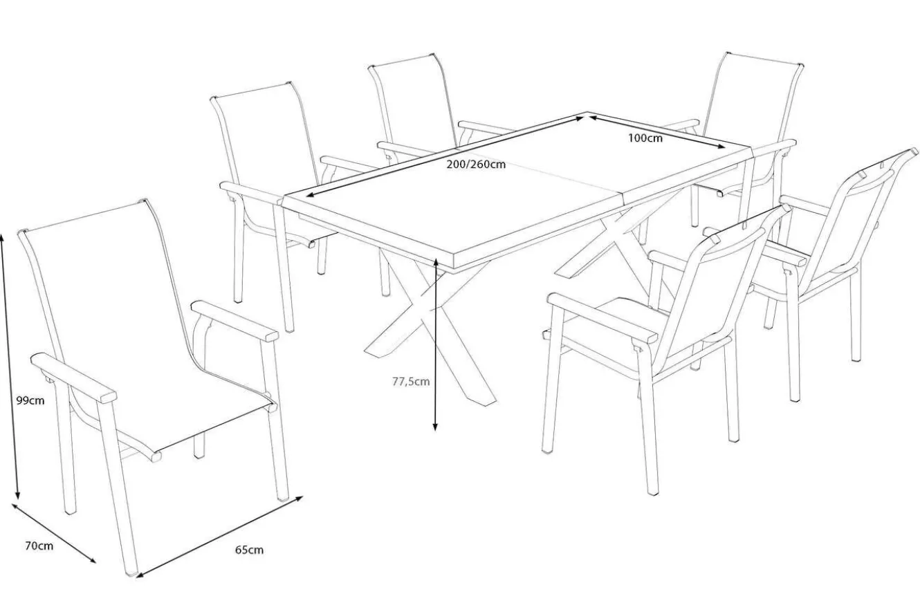 KETTLER BasicPlus Pro Garten-Essgruppe, anthrazit/schwarz, Alu/Textilene/Steinimitat, 200/260 x 100 cm, 6 Stapelstühle