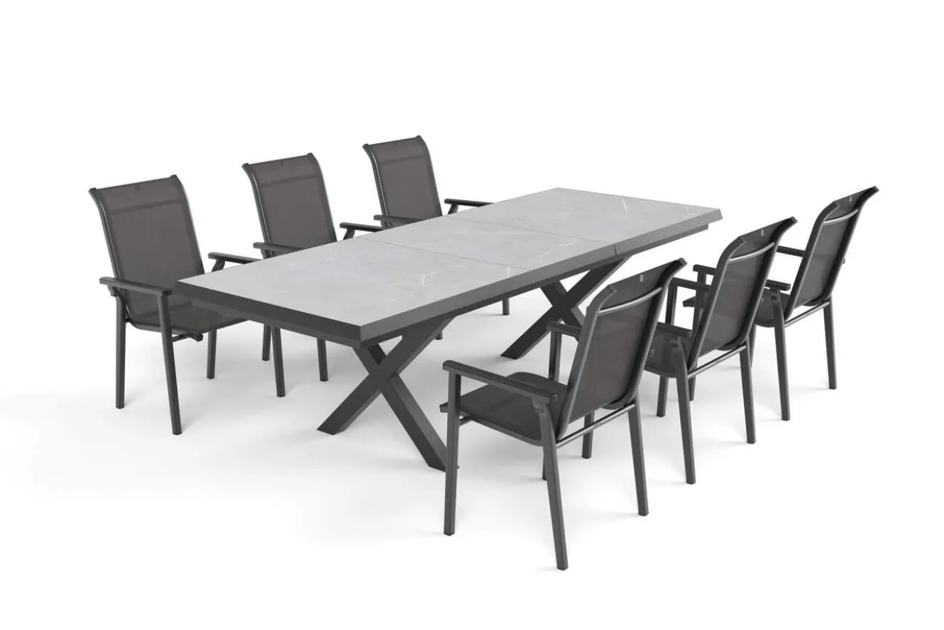 KETTLER BasicPlus Pro Garten-Essgruppe, anthrazit/schwarz, Alu/Textilene/Steinimitat, 200/260 x 100 cm, 6 Stapelstühle