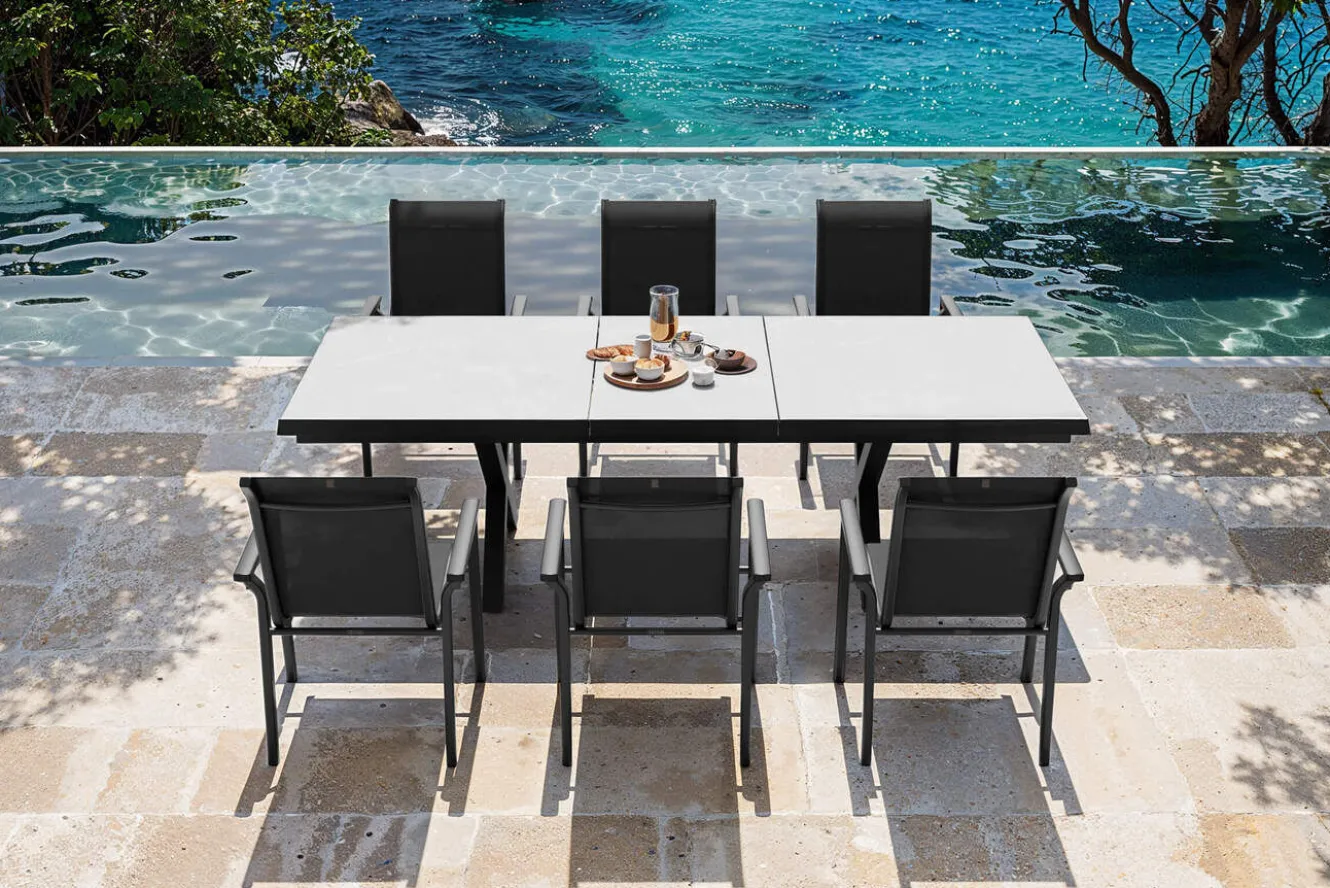 KETTLER BasicPlus Pro Garten-Essgruppe, anthrazit/schwarz, Alu/Textilene/Steinimitat, 200/260 x 100 cm, 6 Stapelstühle
