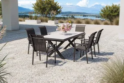 KETTLER BasicPlus Pro Garten-Essgruppe, anthrazit/schwarz, Alu/Textilene/Steinimitat, 200/260 x 100 cm, 6 Stapelstühle