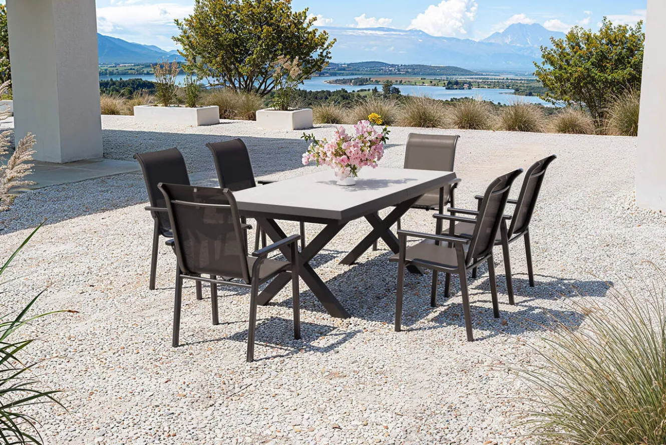 KETTLER BasicPlus Pro Garten-Essgruppe, anthrazit/schwarz, Alu/Textilene/Steinimitat, 200/260 x 100 cm, 6 Stapelstühle