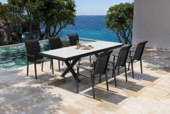 KETTLER BasicPlus Pro Garten-Essgruppe, anthrazit/schwarz, Alu/Textilene/Steinimitat, 200/260 x 100 cm, 6 Stapelstühle