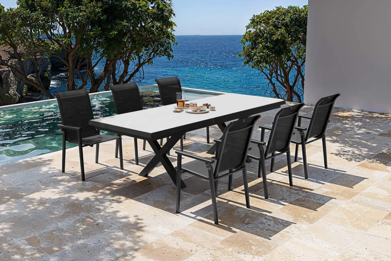 KETTLER BasicPlus Pro Garten-Essgruppe, anthrazit/schwarz, Alu/Textilene/Steinimitat, 200/260 x 100 cm, 6 Stapelstühle