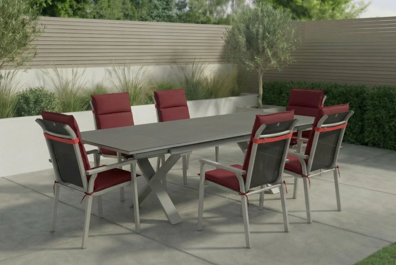 KETTLER BasicPlus Pro Garten-Essgruppe, silber/bordeaux, Alu/Spraystone/Polyester, 180/280 x 100 cm, 6 Stapelsessel, Polster inklusive