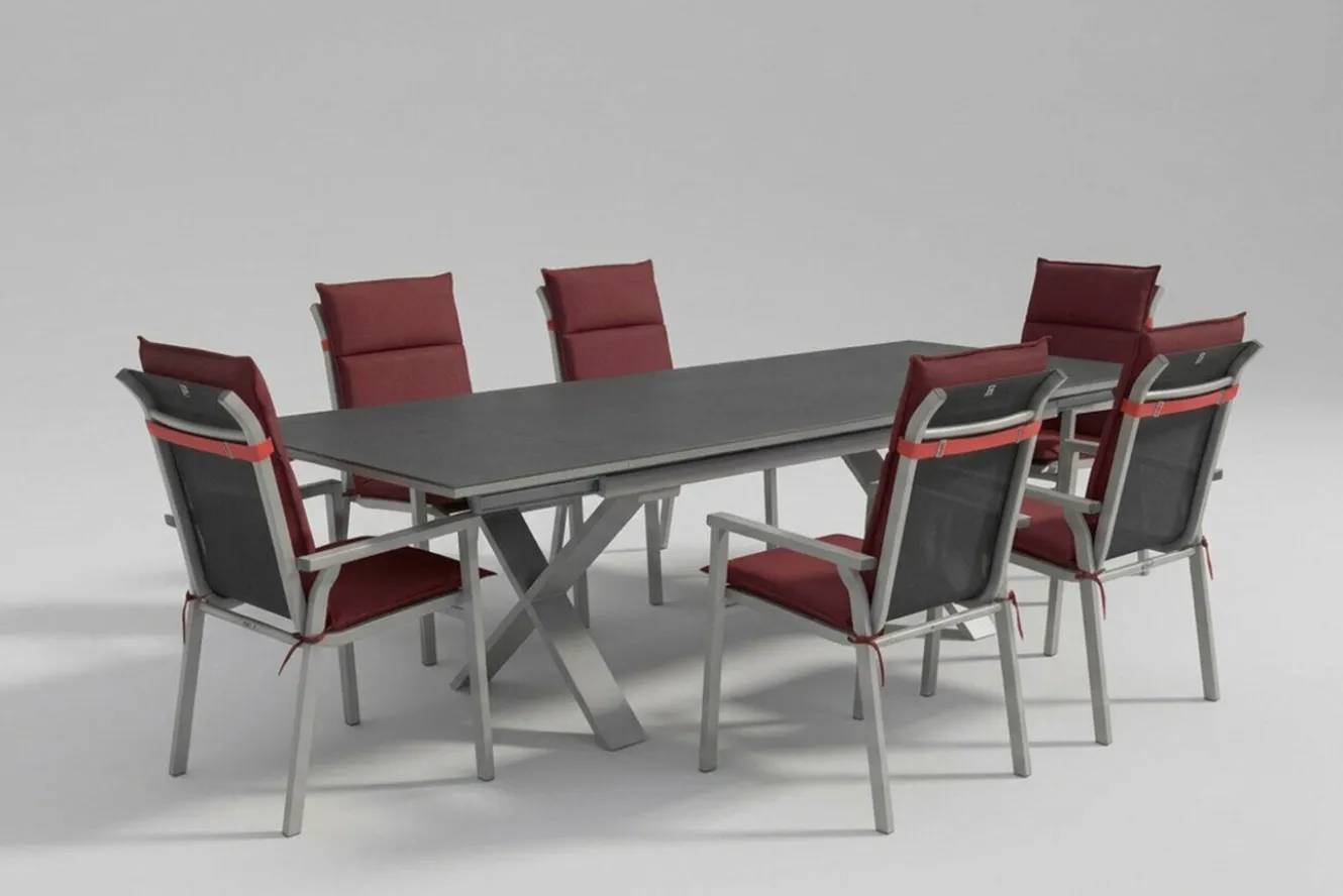 KETTLER BasicPlus Pro Garten-Essgruppe, silber/bordeaux, Alu/Spraystone/Polyester, 180/280 x 100 cm, 6 Stapelsessel, Polster inklusive