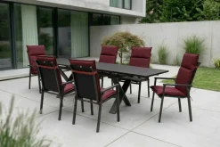 KETTLER BasicPlus Pro Garten-Essgruppe, anthrazit/bordeaux, Alu/Polyester/Spraystone, 180/280 x 100 cm, 6 Stapelsessel, Polster inklusive
