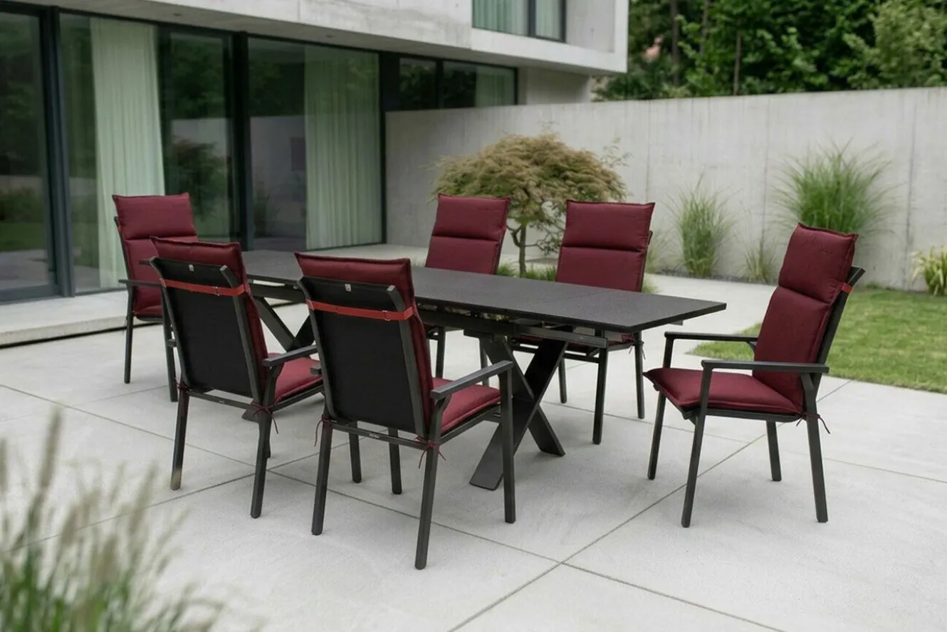 KETTLER BasicPlus Pro Garten-Essgruppe, anthrazit/bordeaux, Alu/Polyester/Spraystone, 180/280 x 100 cm, 6 Stapelsessel, Polster inklusive