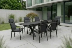 KETTLER BasicPlus Pro Garten-Essgruppe, anthrazit, Aluminium/Spraystone/Polyester, 180/280 x 100 cm, 6 Stapelsessel, inkl. Auflagen