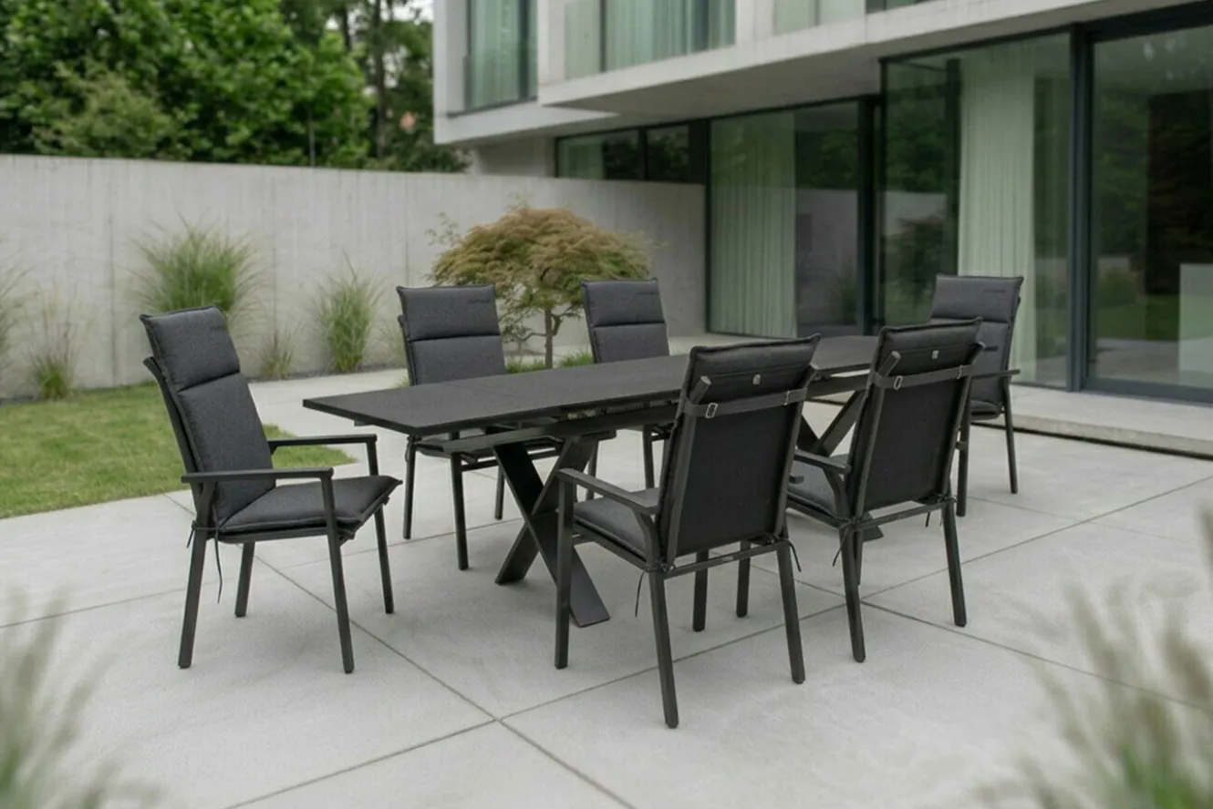 KETTLER BasicPlus Pro Garten-Essgruppe, anthrazit, Aluminium/Spraystone/Polyester, 180/280 x 100 cm, 6 Stapelsessel, inkl. Auflagen
