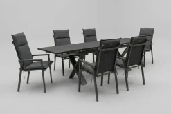 KETTLER BasicPlus Pro Garten-Essgruppe, anthrazit, Aluminium/Spraystone/Polyester, 180/280 x 100 cm, 6 Stapelsessel, inkl. Auflagen