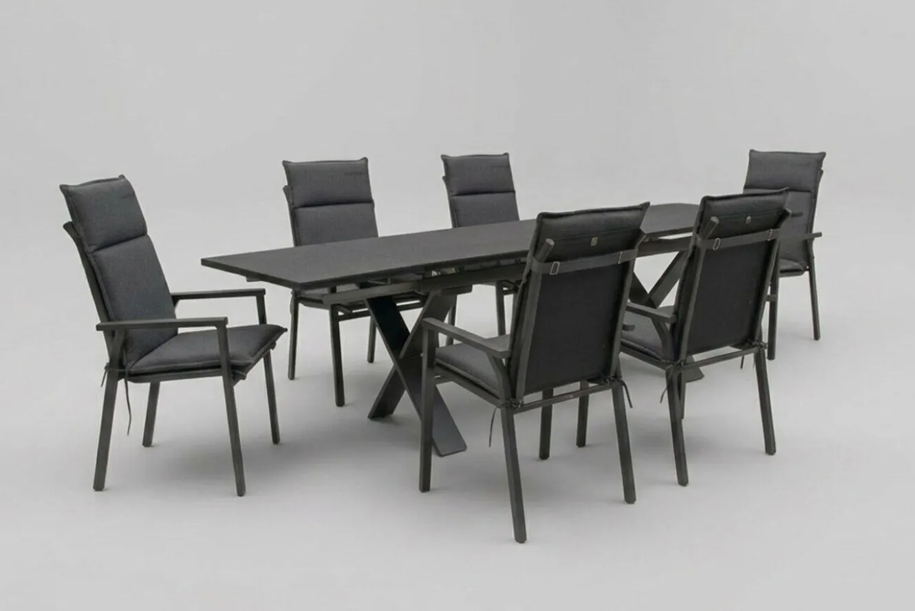 KETTLER BasicPlus Pro Garten-Essgruppe, anthrazit, Aluminium/Spraystone/Polyester, 180/280 x 100 cm, 6 Stapelsessel, inkl. Auflagen