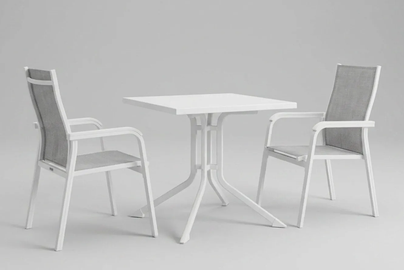 KETTLER Boulevard/BasicPlus Balkon-Set, weiß/hellgrau, Aluminium/KETTALUX, Tisch 70 x 70 cm, 2 Stapelsessel, schmutzabweisend