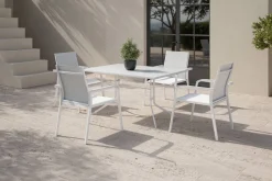 KETTLER Boulevard/Basic Plus Gartenessgruppe, weiß/hellgrau, Aluminium, Klapptisch 140 x 95 cm, 4 Stapelsessel