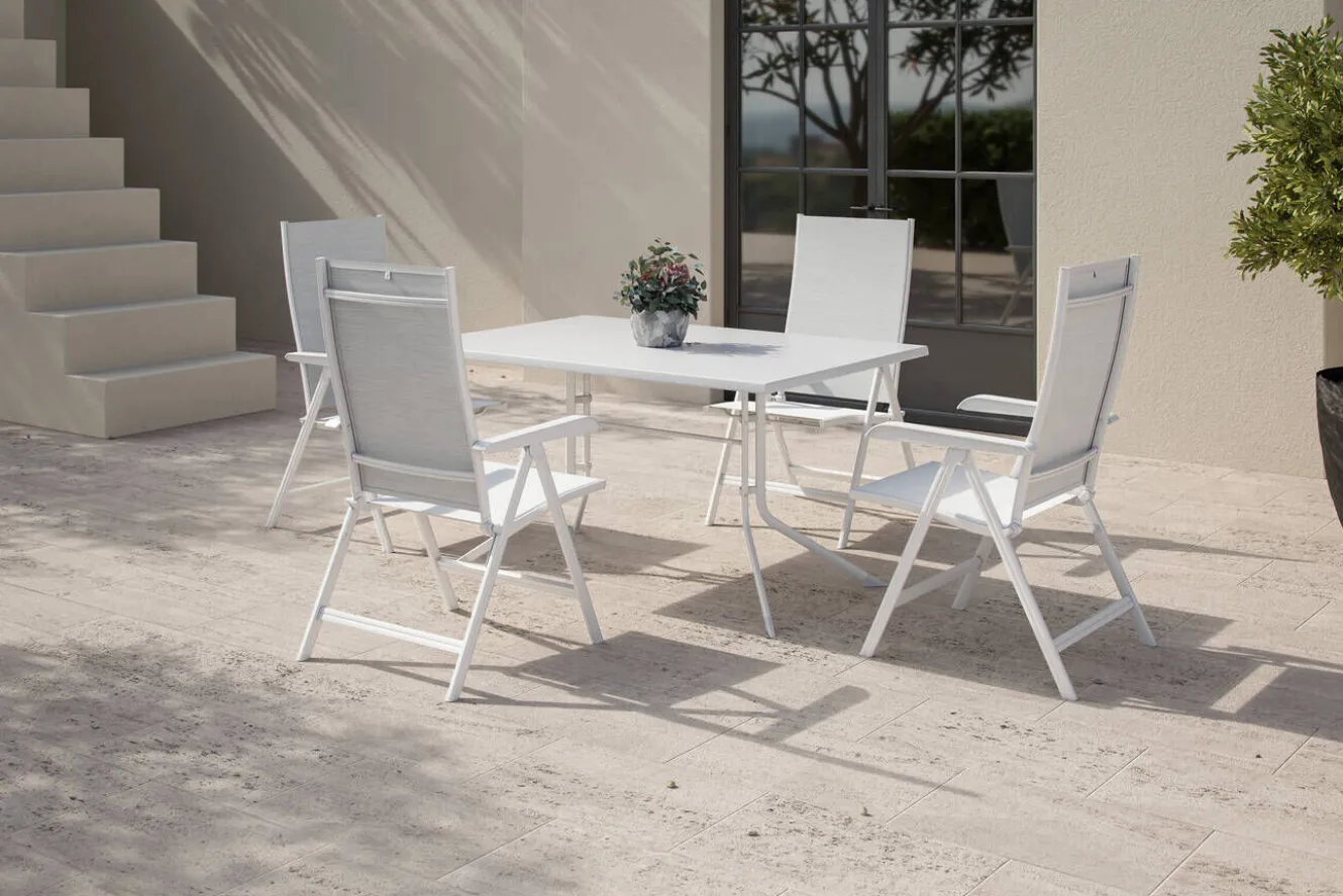 KETTLER Boulevard/Basic Plus Gartenessgruppe, weiß, Aluminium, Klapptisch 140 x 95 cm, 4 Klappstühle