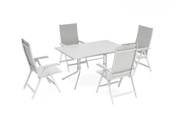 KETTLER Boulevard/Basic Plus Gartenessgruppe, weiß, Aluminium, Klapptisch 140 x 95 cm, 4 Klappstühle