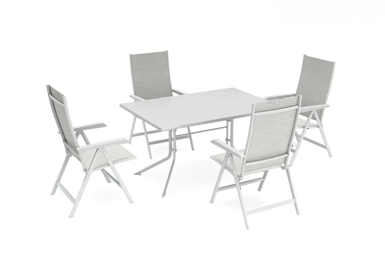 KETTLER Boulevard/Basic Plus Gartenessgruppe, weiß, Aluminium, Klapptisch 140 x 95 cm, 4 Klappstühle