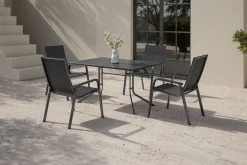 KETTLER Boulevard/Basic Plus Gartenessgruppe, anthrazit, Alu/KETTALUX, Klapptisch 140 x 95 cm, 4 Stapelsessel, kratzfest, witterungsbeständig