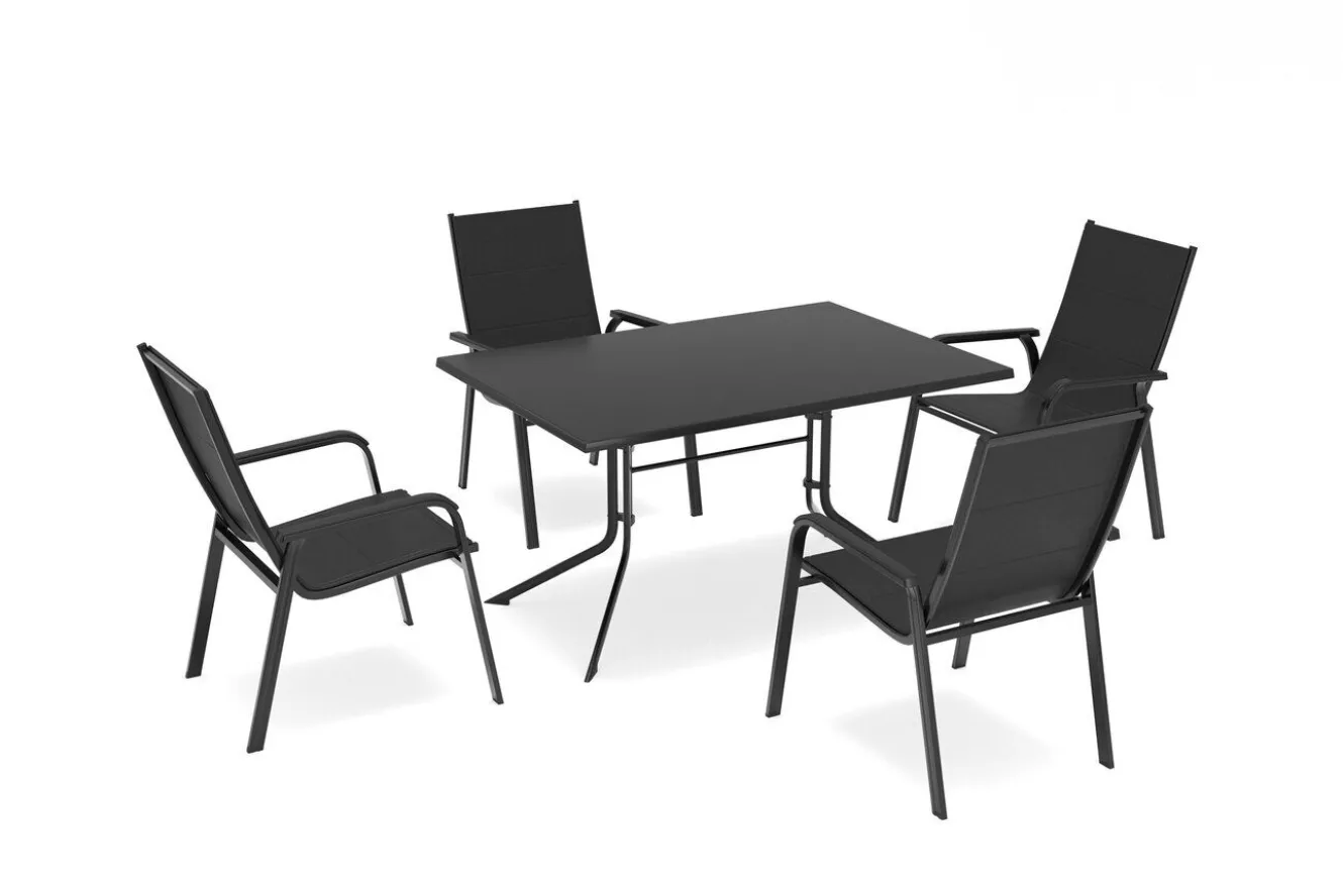KETTLER Boulevard/Basic Plus Gartenessgruppe, anthrazit, Alu/KETTALUX, Klapptisch 140 x 95 cm, 4 Stapelsessel, kratzfest, witterungsbeständig