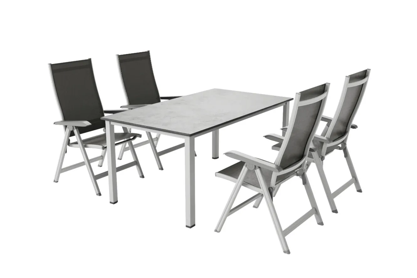 KETTLER Cubic/Basic Plus Garten-Essgruppe, silber/anthrazit, Alu/Textilene, Tisch 160 x 90 cm, 4 Klappstühle