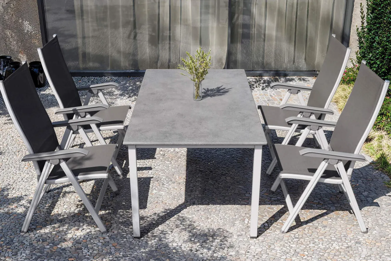 KETTLER Cubic/Basic Plus Garten-Essgruppe, silber/anthrazit, Alu/Textilene, Tisch 160 x 90 cm, 4 Klappstühle