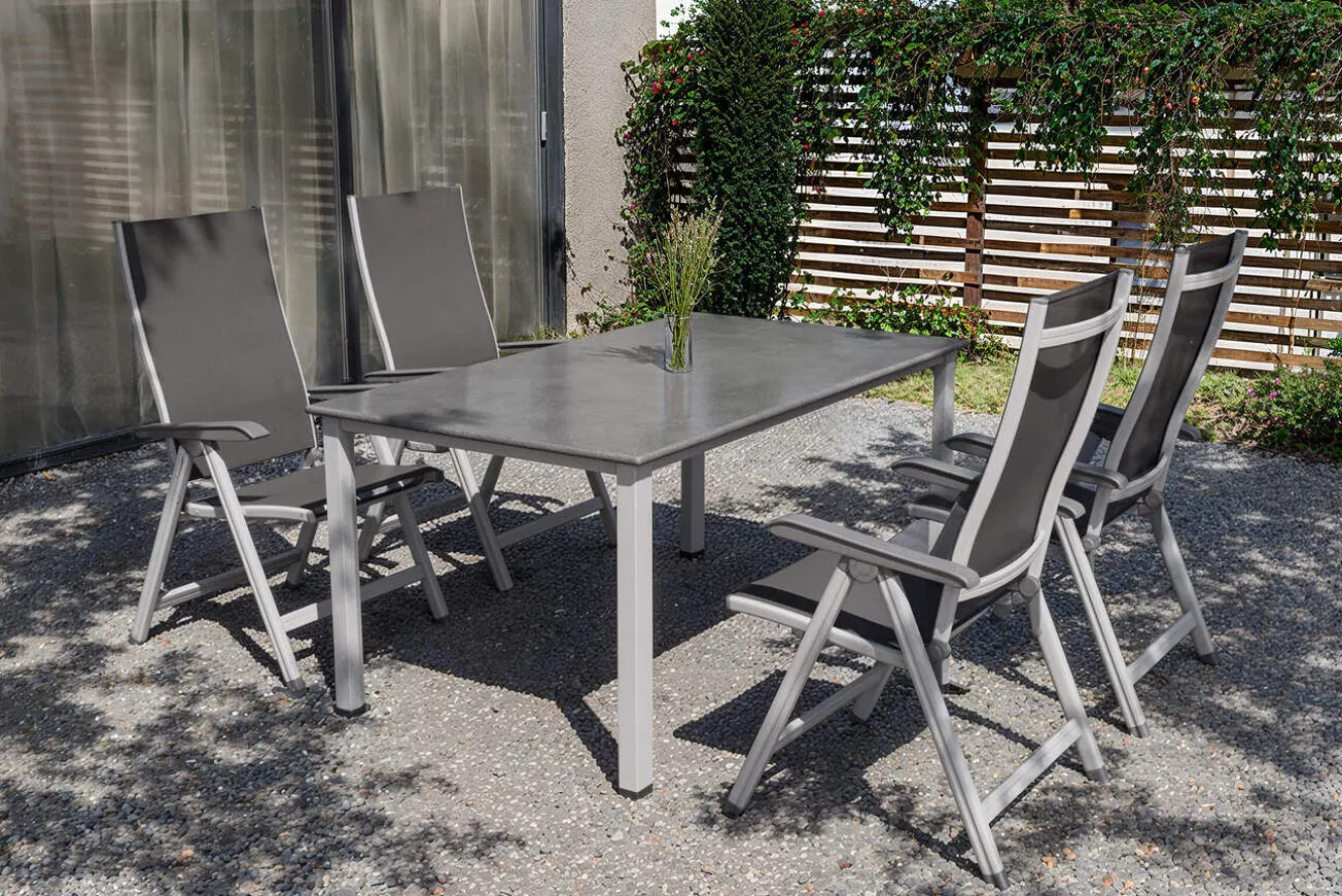 KETTLER Cubic/Basic Plus Garten-Essgruppe, silber/anthrazit, Alu/Textilene, Tisch 160 x 90 cm, 4 Klappstühle