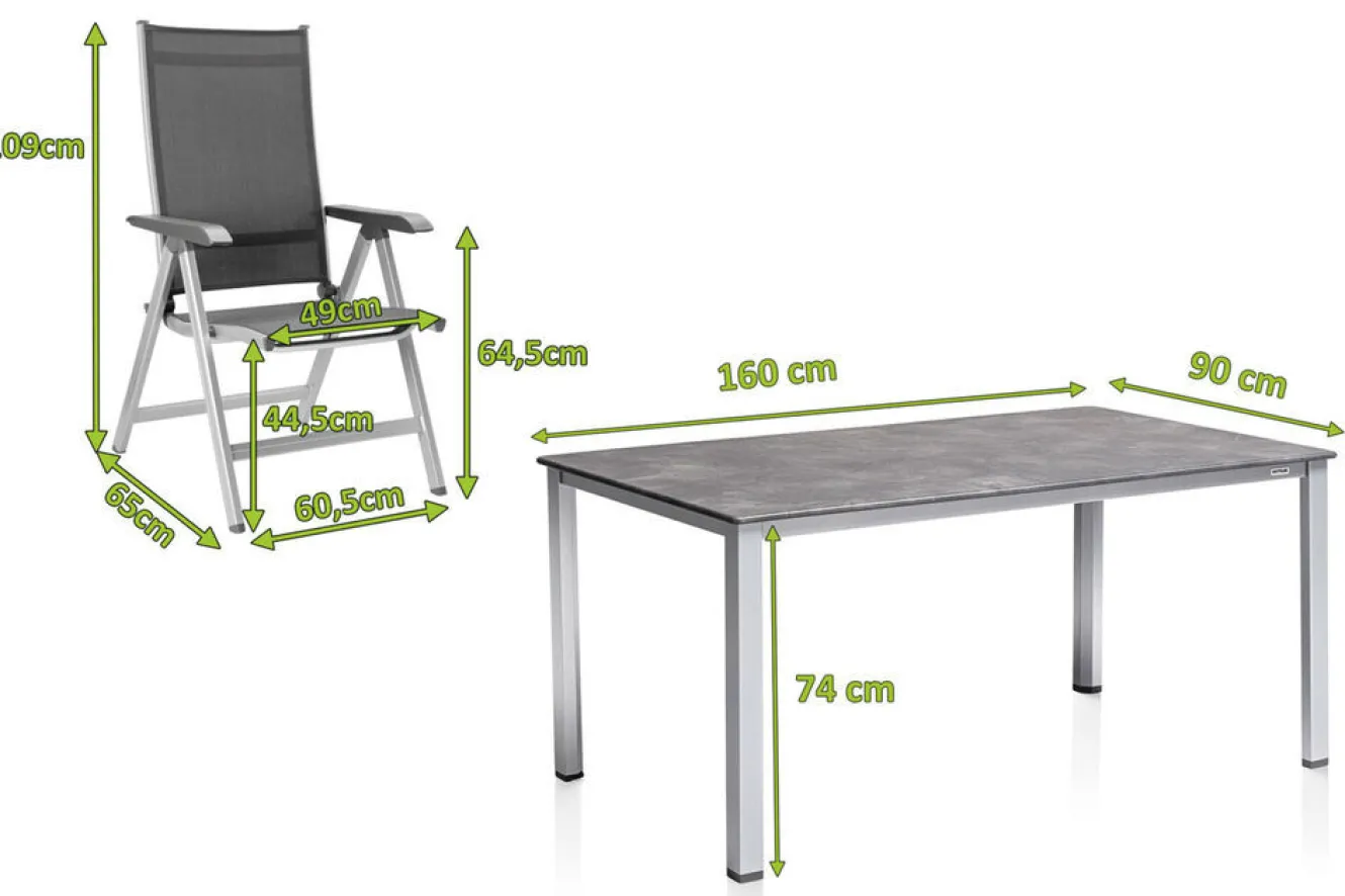 KETTLER Cubic/Basic Plus Garten-Essgruppe, silber/anthrazit, Alu/Textilene, Tisch 160 x 90 cm, 6 Klappstühle