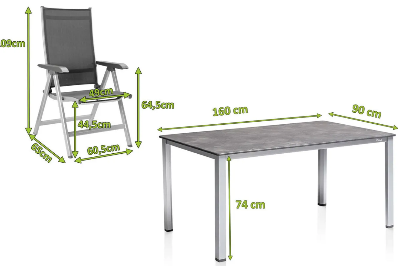 KETTLER Cubic/Basic Plus Garten-Essgruppe, silber/anthrazit, Alu/Textilene, Tisch 160 x 90 cm, 6 Klappstühle