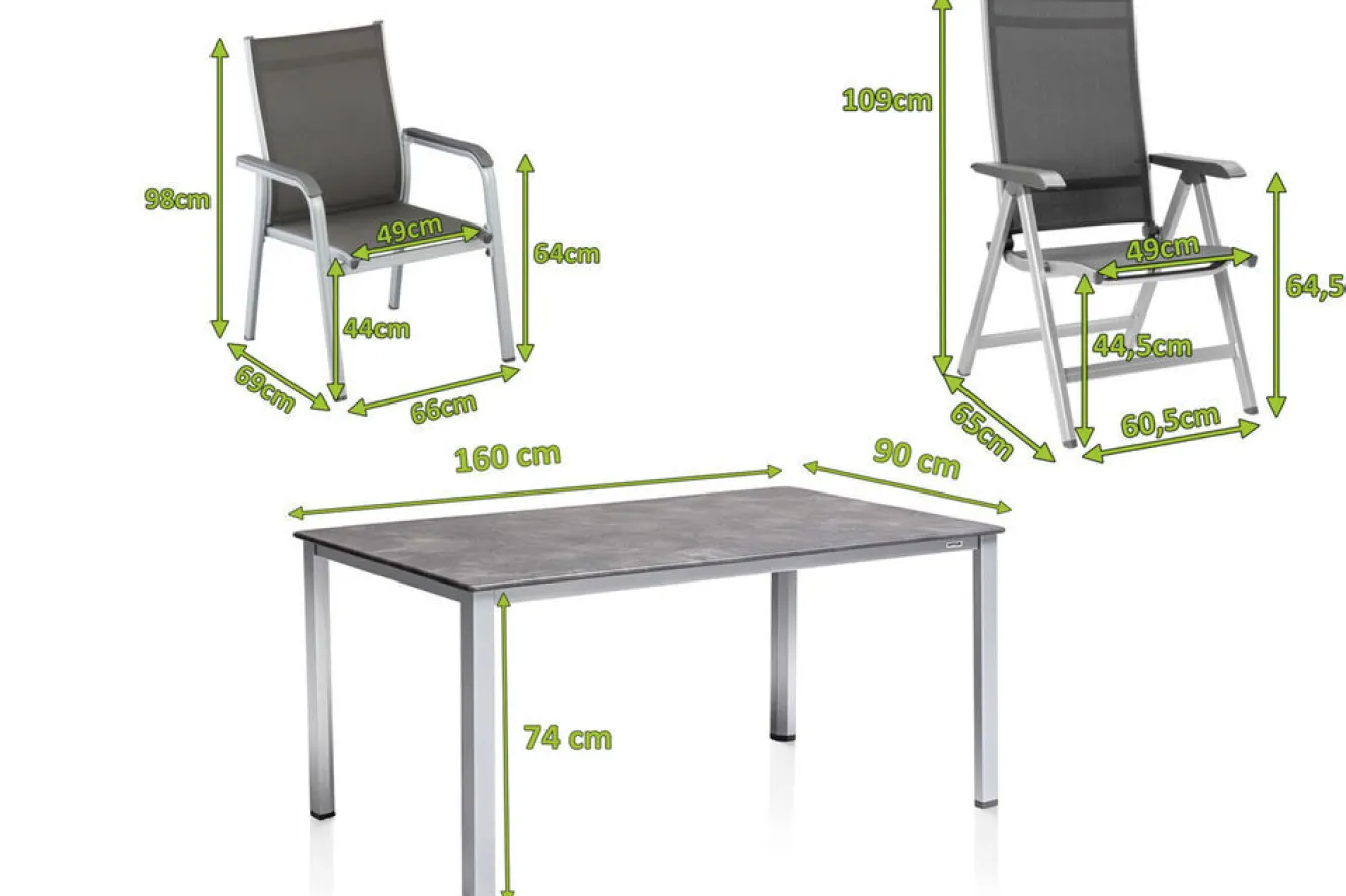 KETTLER Cubic/Basic Plus Garten-Essgruppe, silber/anthrazit, Alu/Textilene, Tisch 160 x 90 cm, 4 Stapelsessel, 2 Klappstühle