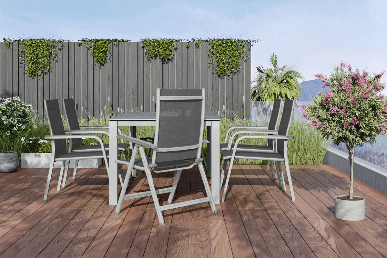 KETTLER Cubic/Basic Plus Garten-Essgruppe, silber/anthrazit, Alu/Textilene, Tisch 160 x 90 cm, 4 Stapelsessel, 2 Klappstühle
