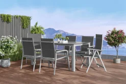 KETTLER Cubic/Basic Plus Garten-Essgruppe, silber/anthrazit, Alu/Textilene, Tisch 160 x 90 cm, 4 Stapelsessel, 2 Klappstühle