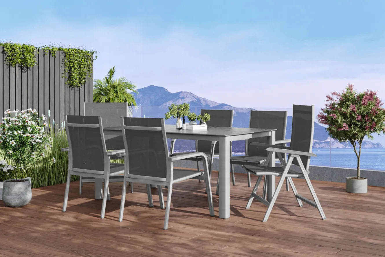 KETTLER Cubic/Basic Plus Garten-Essgruppe, silber/anthrazit, Alu/Textilene, Tisch 160 x 90 cm, 4 Stapelsessel, 2 Klappstühle