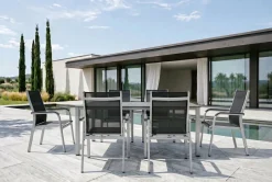 KETTLER Cubic/Basic Plus Garten-Essgruppe, silber/anthrazit, Alu/Textilene, Tisch 160x90 cm, 6 Stapelsessel