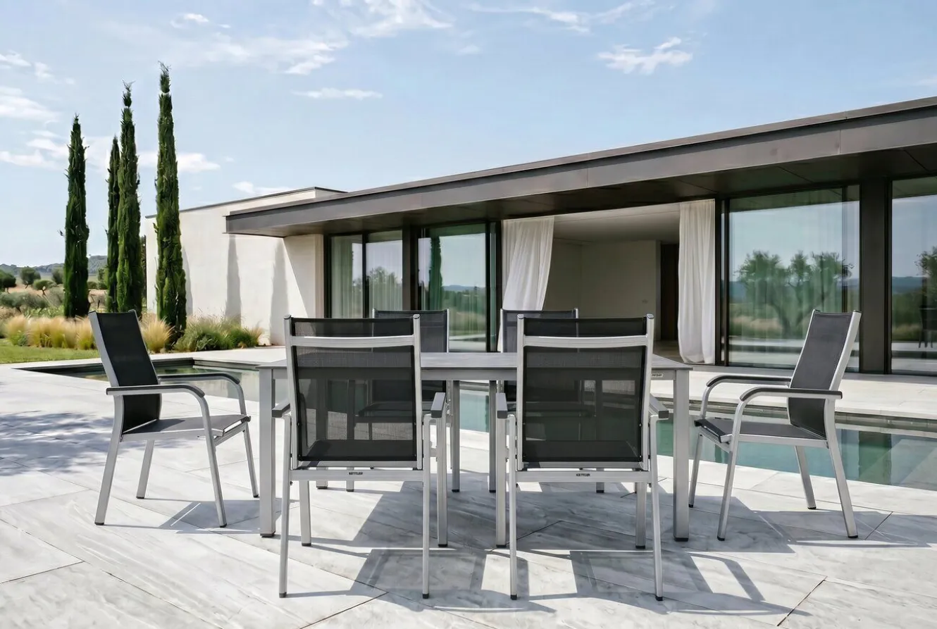KETTLER Cubic/Basic Plus Garten-Essgruppe, silber/anthrazit, Alu/Textilene, Tisch 160x90 cm, 6 Stapelsessel