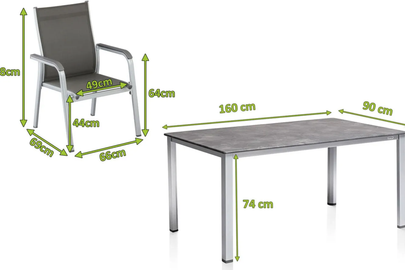 KETTLER Cubic/Basic Plus Garten-Essgruppe, silber/anthrazit, Alu/Textilene, Tisch 160x90 cm, 6 Stapelsessel