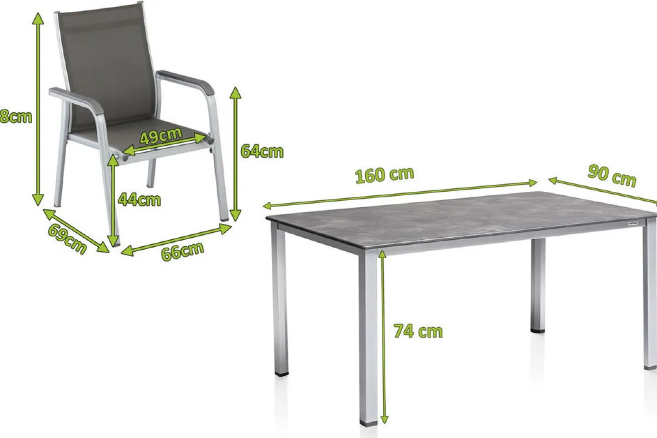 KETTLER Cubic/Basic Plus Garten-Essgruppe, silber/anthrazit, Alu/Textilene, Tisch 160x90 cm, 6 Stapelsessel