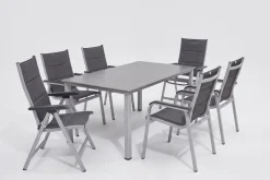 KETTLER Cubic/ Basic Plus Padded Garten-Essgruppe, silber/anthrazit, Alu/Textilene, Tisch 160x90 cm, 4 Stapelsessel, 2 Klappstühle, gepolstert