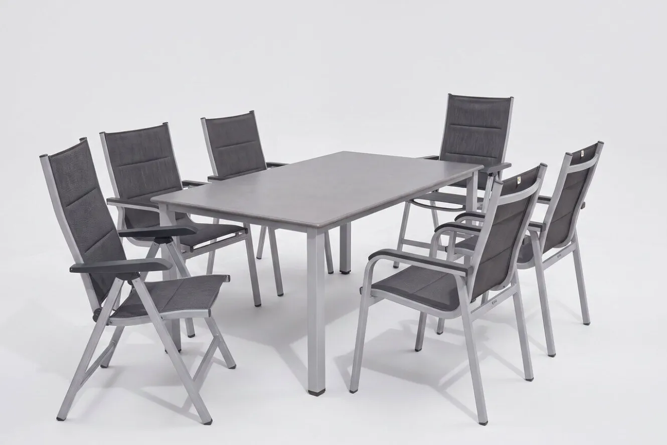 KETTLER Cubic/ Basic Plus Padded Garten-Essgruppe, silber/anthrazit, Alu/Textilene, Tisch 160x90 cm, 4 Stapelsessel, 2 Klappstühle, gepolstert