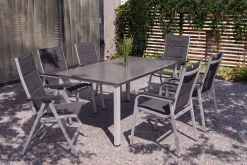 KETTLER Cubic/ Basic Plus Padded Garten-Essgruppe, silber/anthrazit, Alu/Textilene, Tisch 160x90 cm, 4 Stapelsessel, 2 Klappstühle, gepolstert