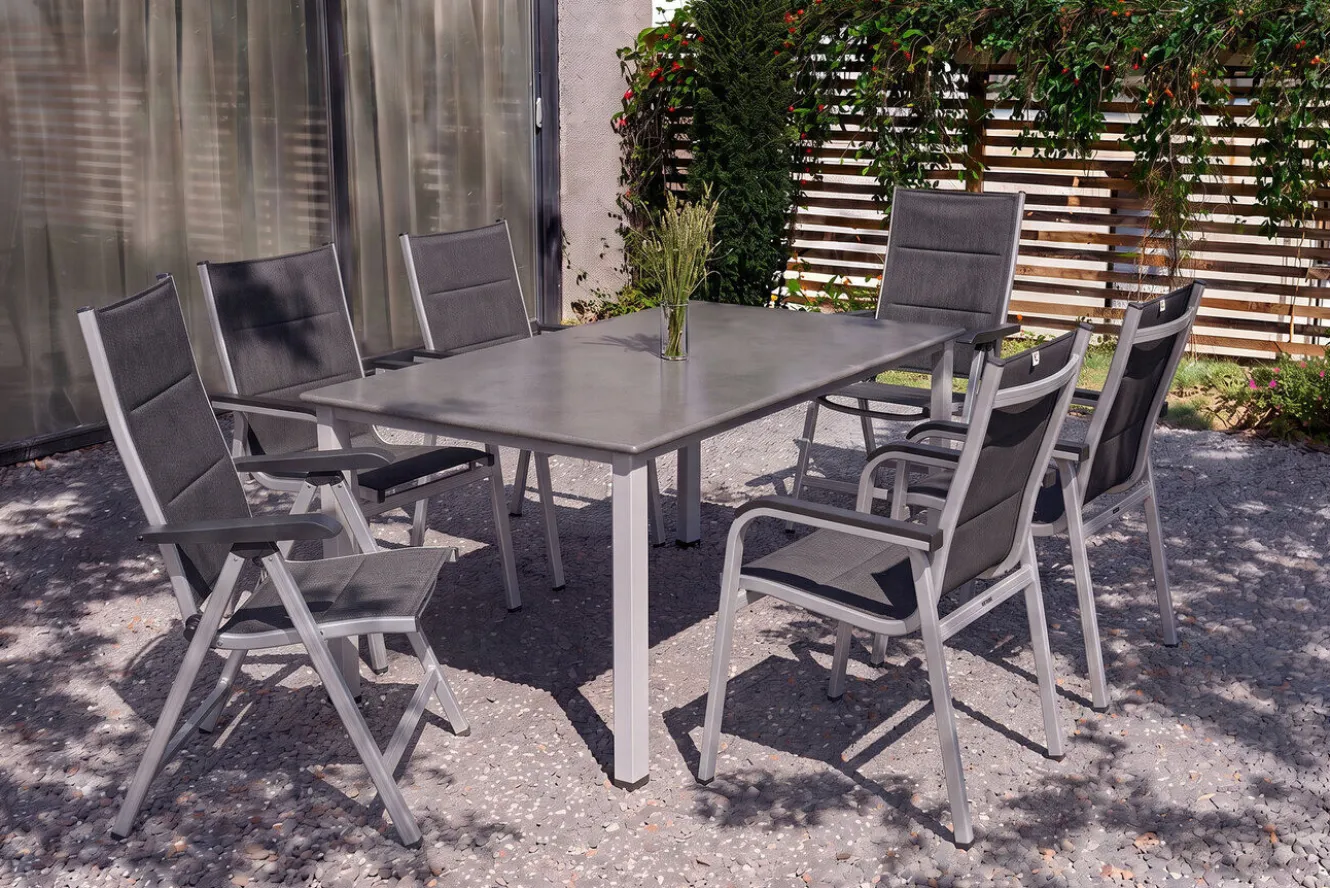 KETTLER Cubic/ Basic Plus Padded Garten-Essgruppe, silber/anthrazit, Alu/Textilene, Tisch 160x90 cm, 4 Stapelsessel, 2 Klappstühle, gepolstert