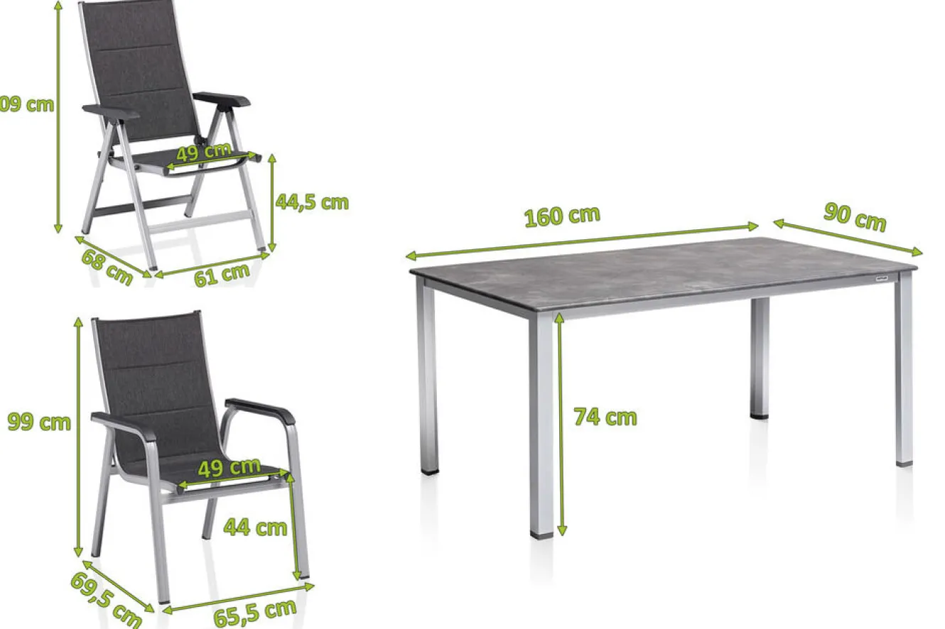 KETTLER Cubic/ Basic Plus Padded Garten-Essgruppe, silber/anthrazit, Alu/Textilene, Tisch 160x90 cm, 4 Stapelsessel, 2 Klappstühle, gepolstert