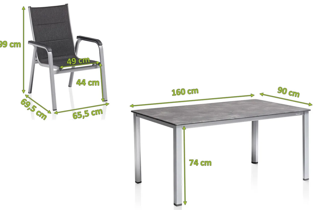 KETTLER Cubic/ Basic Plus Padded Garten-Essgruppe, silber/anthrazit, Alu/Textilene, Tisch 160x90 cm, 4 Stapelsessel