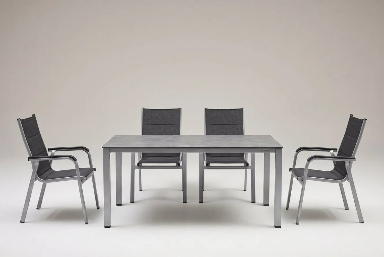 KETTLER Cubic/ Basic Plus Padded Garten-Essgruppe, silber/anthrazit, Alu/Textilene, Tisch 160x90 cm, 4 Stapelsessel