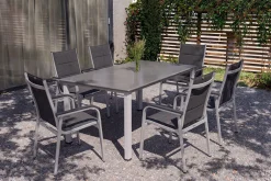 KETTLER Cubic/ Basic Plus Padded Garten-Essgruppe, silber/anthrazit, Alu/Textilene, Tisch 160x90 cm, 6 Stapelsessel